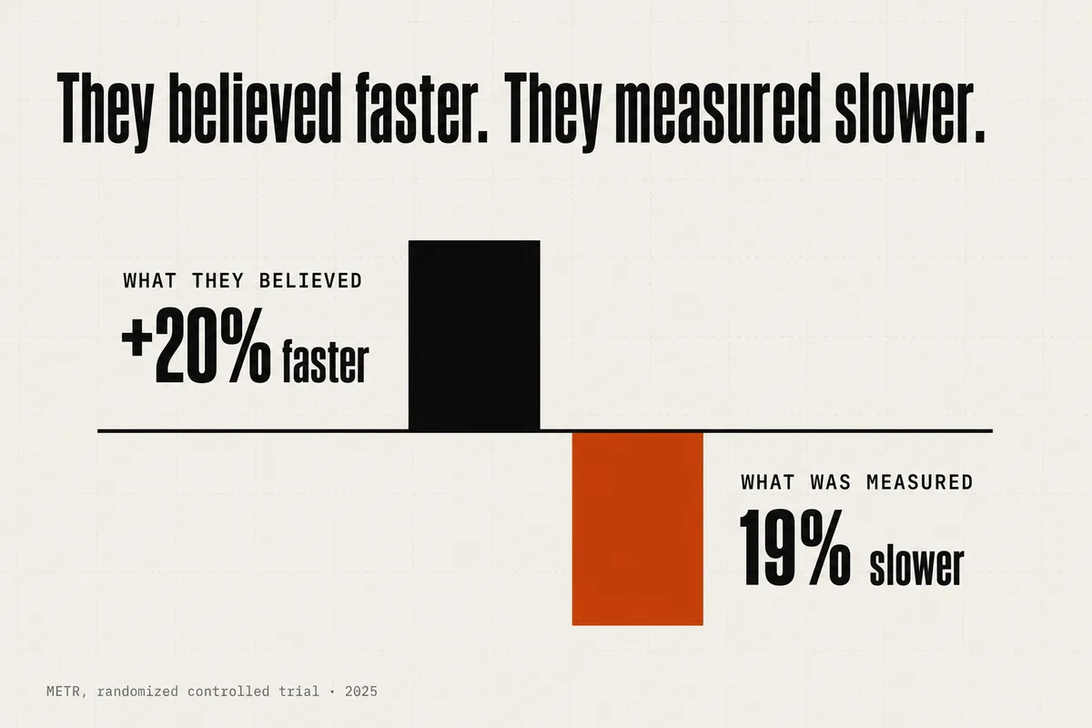 Two bars from a shared zero line showing the same measure moving in opposite directions: experienced developers believed AI made them roughly 20% faster, while a randomized controlled trial measured them 19% slower on large, familiar codebases. Source: METR, 2025.