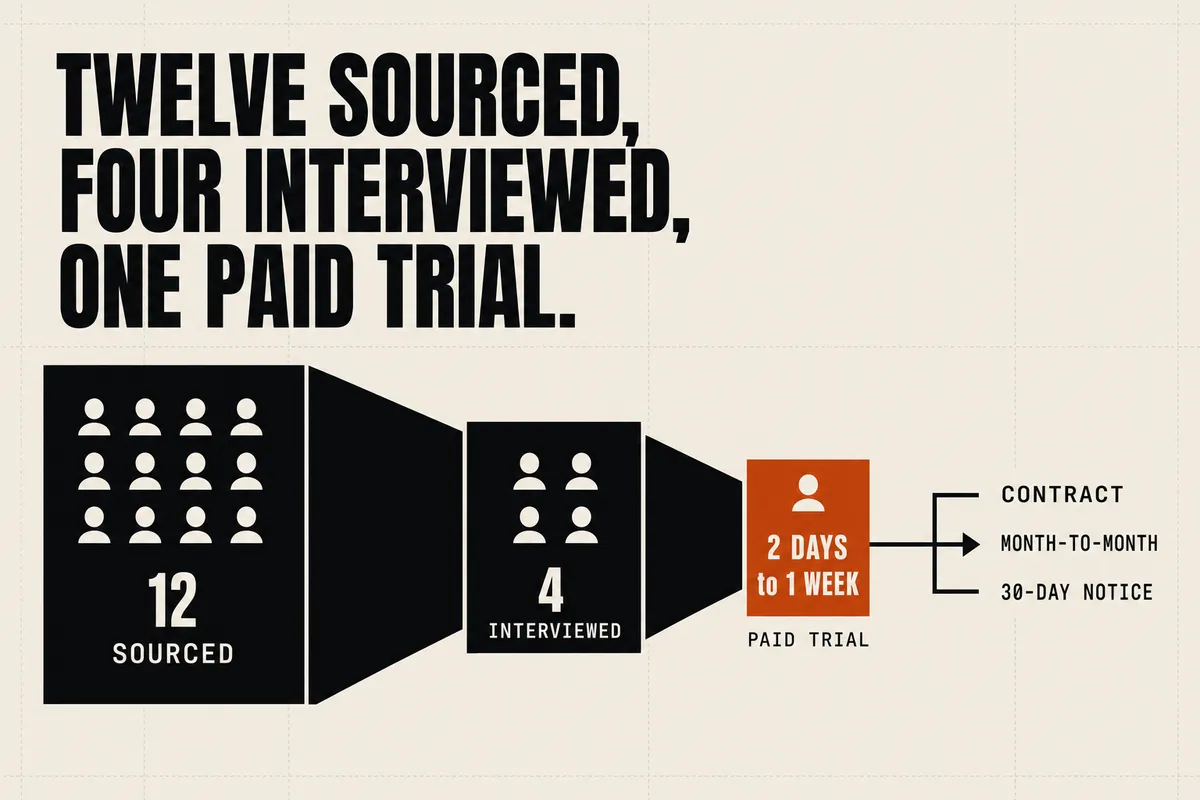 A narrowing sequence under the headline "Twelve sourced, four interviewed, one paid trial." A large black block holds twelve person marks and the number 12, labelled SOURCED. It narrows to a smaller black block of four marks labelled 4 INTERVIEWED, which narrows again to a single burnt-orange block reading 2 DAYS to 1 WEEK, labelled PAID TRIAL. An arrow from the orange block points to three plain annotations: CONTRACT, MONTH-TO-MONTH, 30-DAY NOTICE.