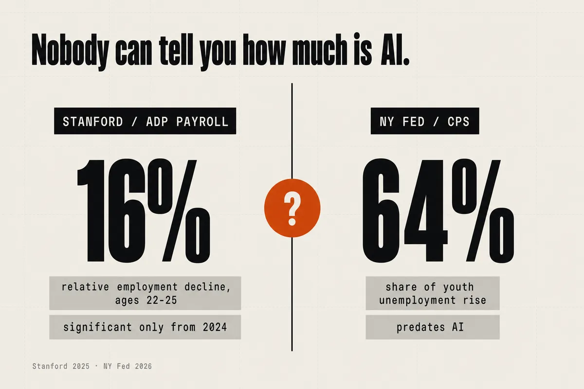 A figure split down the middle by a vertical rule, headline "Nobody can tell you how much is AI." On the left, Stanford / ADP payroll: a giant 16%, captioned relative employment decline for ages 22-25, significant only from 2024. On the right, NY Fed / CPS: a giant 64%, captioned share of the youth unemployment rise, predates AI. A single burnt-orange question mark sits on the dividing line between them. The two numbers are shown as separate display figures, never as comparable bars, because they measure different things. Source: Stanford 2025, NY Fed 2026.