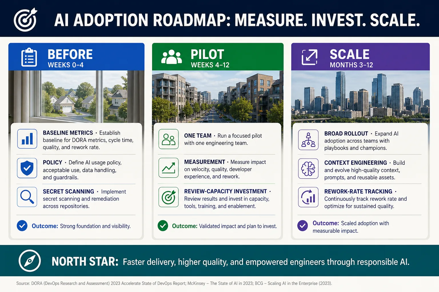 Three-panel roadmap titled "AI Adoption Roadmap: Measure. Invest. Scale." Panels: Before (weeks 0–4) — baseline metrics, policy, secret scanning. Pilot (weeks 4–12) — one team, measurement, review-capacity investment. Scale (months 3–12) — broad rollout, context engineering, rework-rate tracking. Bottom band reads "North Star: faster delivery, higher quality, empowered engineers through responsible AI."
